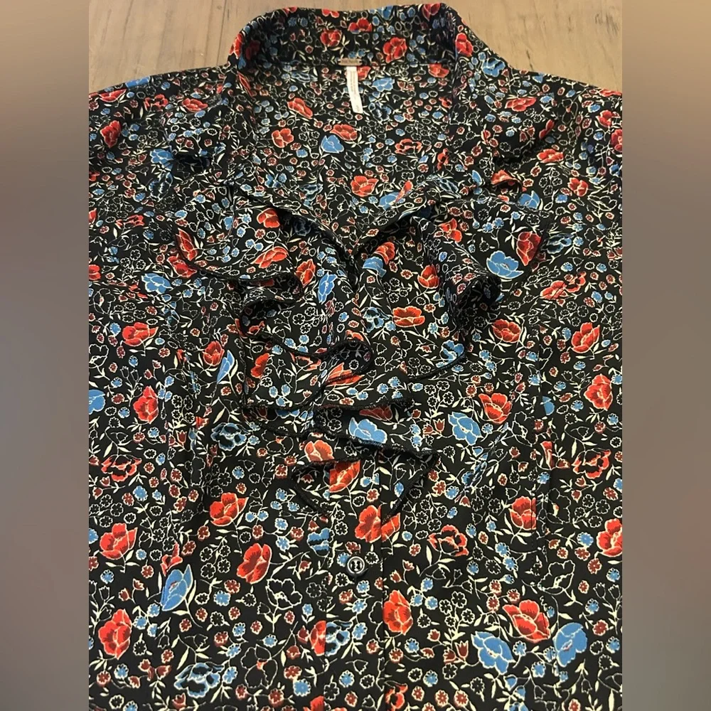 Free People Boho Floral Print Ruffle Neck Bishop Sleeve Blouse, Size Small - Picture 4 of 9